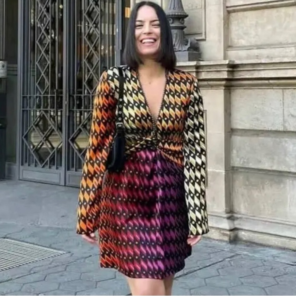 NWT ZARA Colorful Satin Long Sleeve Short Dress 2140/027/330.